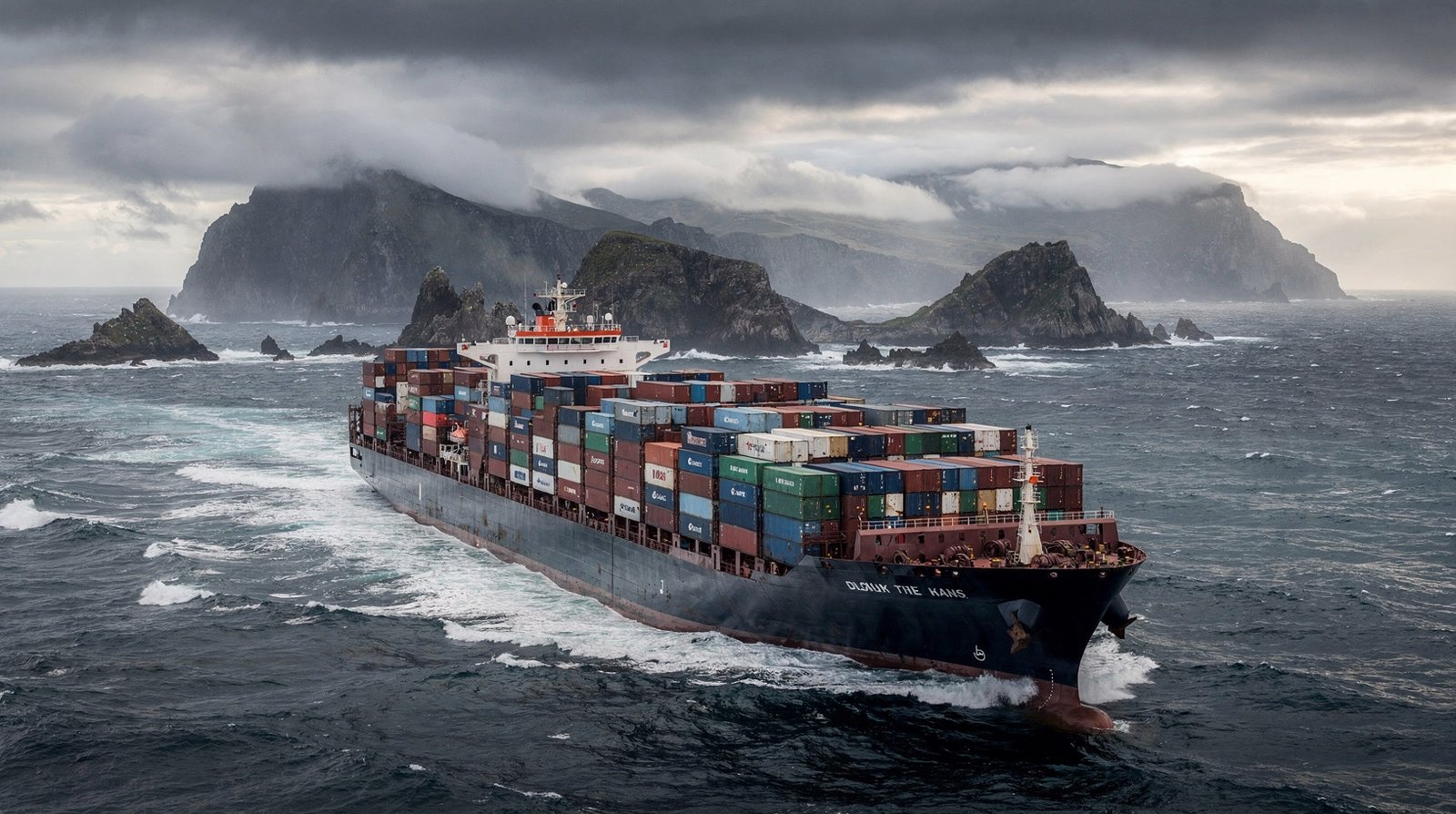 Container ship on a long ocean voyage around a cape