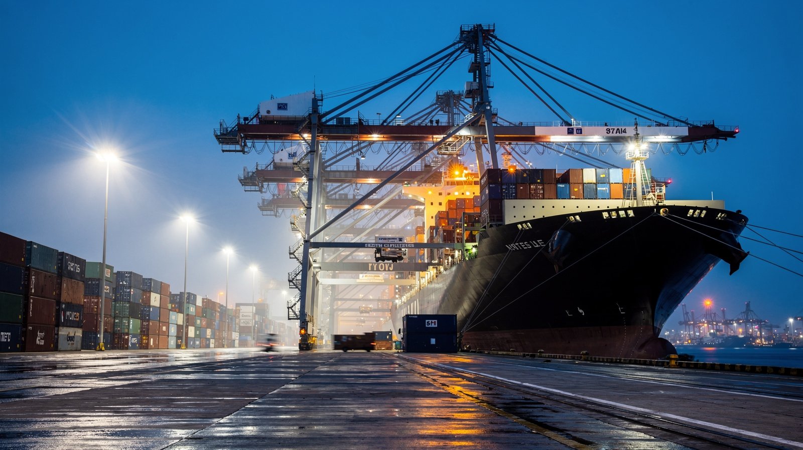 Container port cranes loading a ship