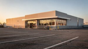 Exterior of a modern discount supermarket with an empty parking lot at sunset
