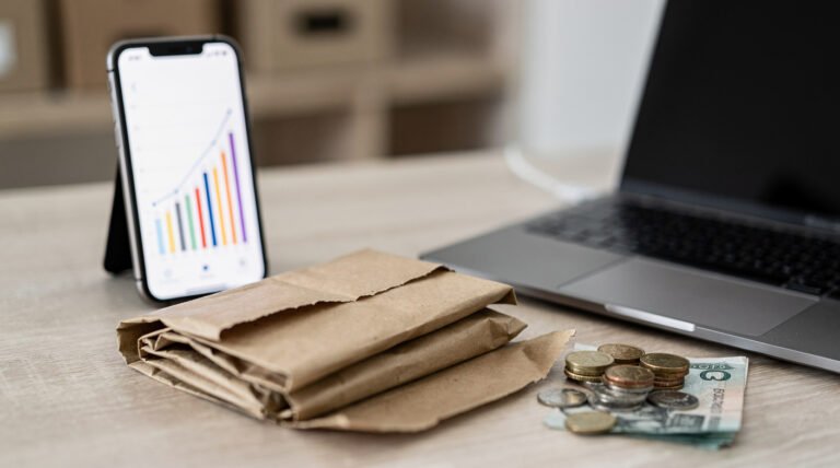 Online seller workspace with a parcel, phone, laptop and stacked coins, illustrating the rising cost of marketplace promotion.