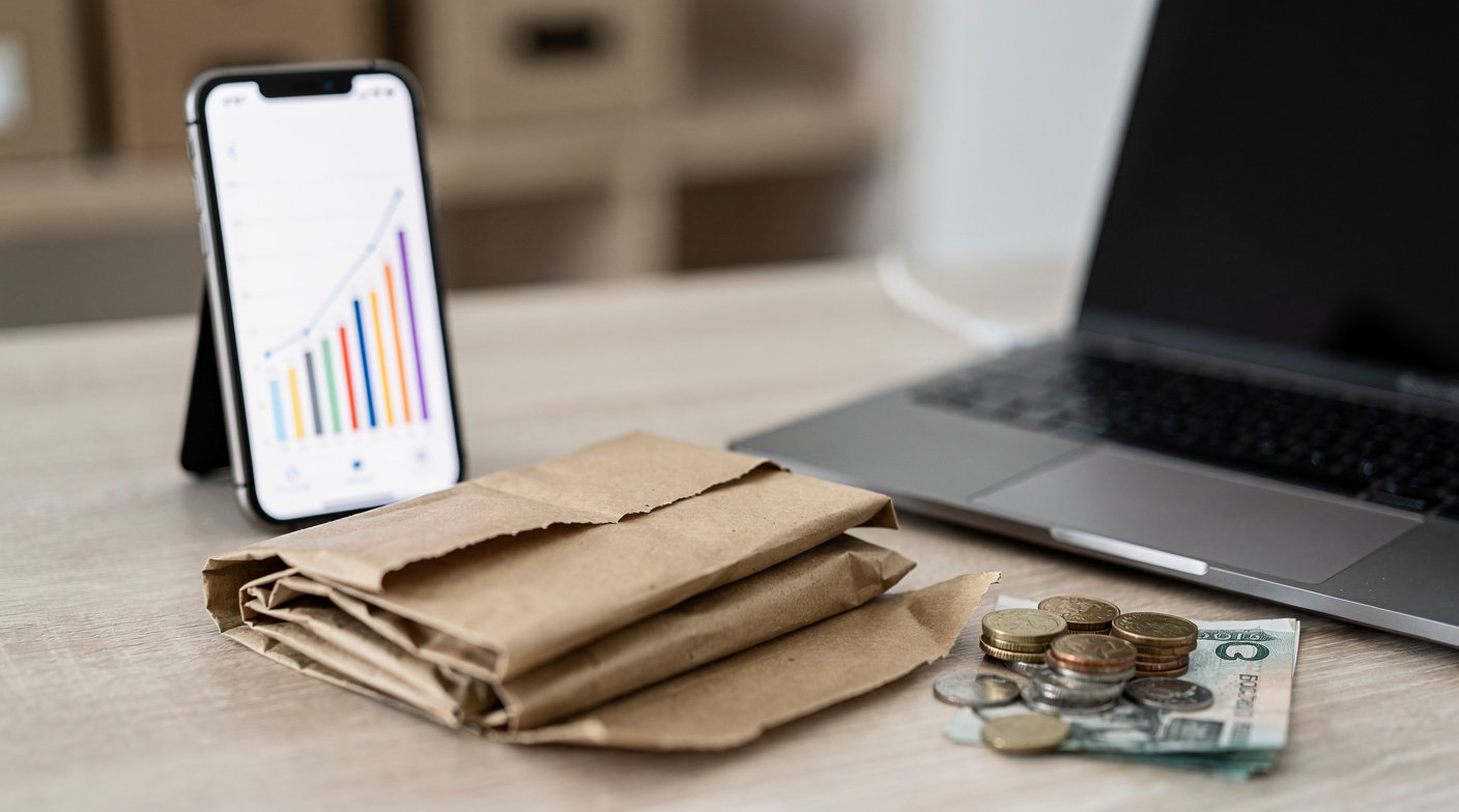 Online seller workspace with a parcel, phone, laptop and stacked coins, illustrating the rising cost of marketplace promotion.