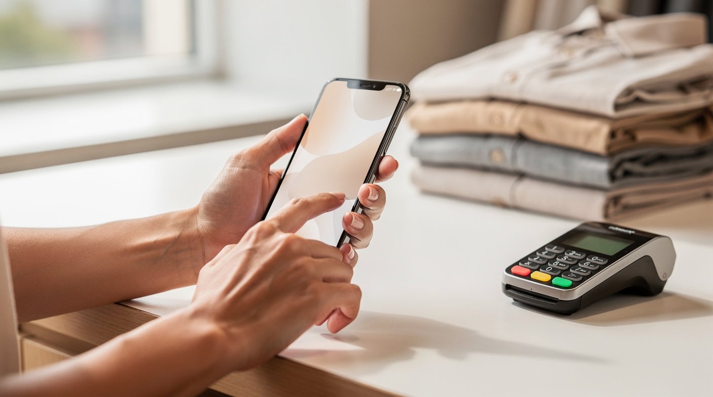 Shopper tapping a smartphone to pay at a modern retail checkout counter