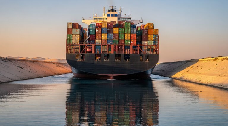 Container ship loaded with cargo transiting a narrow canal between desert banks at sunset