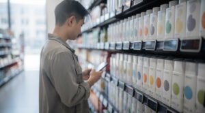 A shopper holds a smartphone next to digital shelf price tags in a supermarket aisle