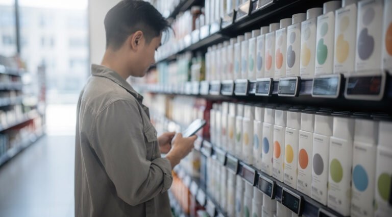 A shopper holds a smartphone next to digital shelf price tags in a supermarket aisle