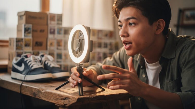 Seller hosting a live shopping video stream on a phone with collectibles on the table behind a ring light