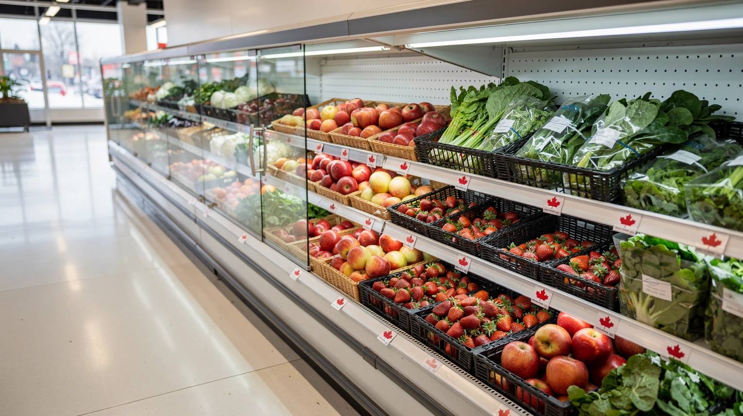 Canada trade deal: maple-leaf tags on a Canadian supermarket produce aisle